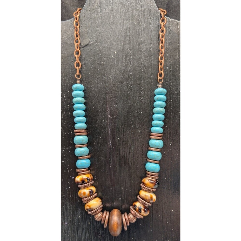 New Southwestern Necklace Faux Turquoise Blue Wood Beaded Statement Tone 22.5"